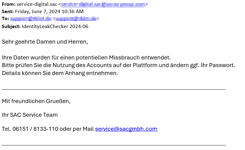 Ein Screenshot von der E-Mail-Benachrichtigung nachdem der Identity Leak Checker kompromittierte Daten gefunden hat. In der E-Mail wird der Empfänger auf einen Missbrauch hingewiesen und welche Maßnahmen nun zu ergreifen sind.